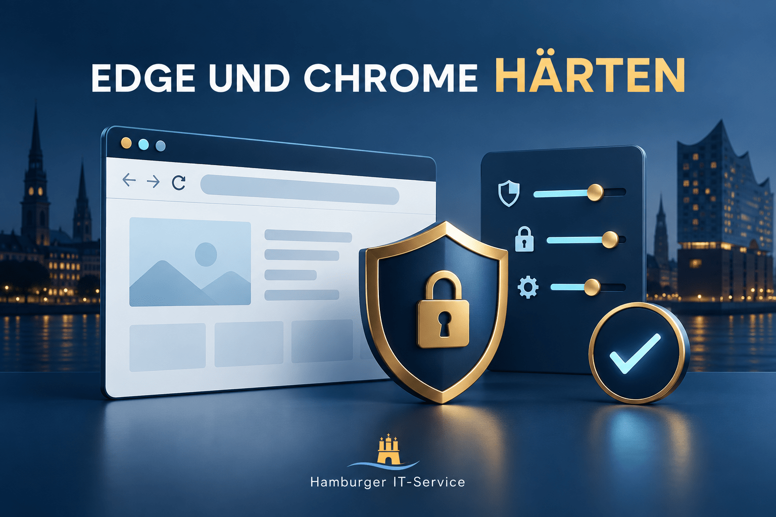 Edge und Chrome härten: Browserfenster mit Richtlinienreglern und Schutzsymbol