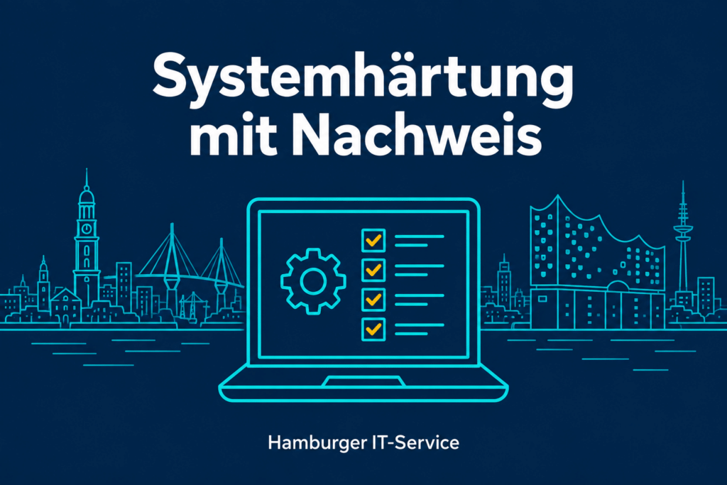 Laptop mit Prüfliste vor der Hamburger Skyline als Symbol für nachvollziehbare Systemhärtung