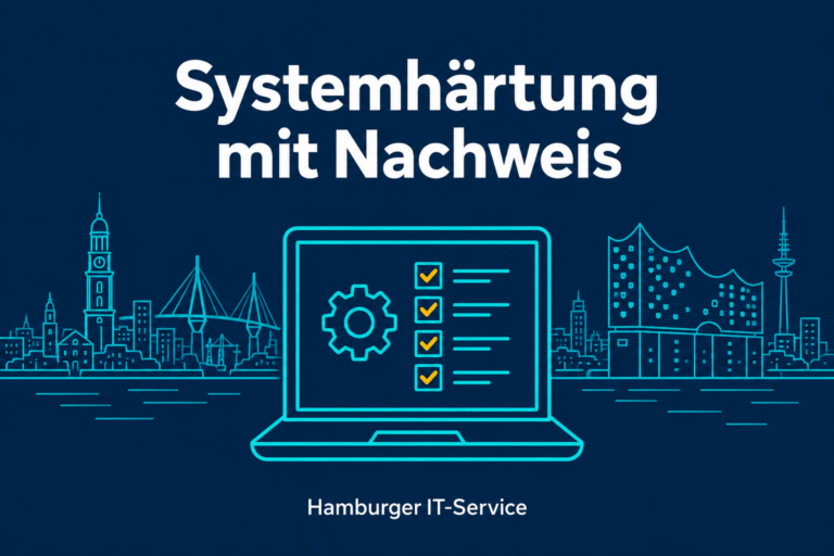 Laptop mit Prüfliste vor der Hamburger Skyline als Symbol für nachvollziehbare Systemhärtung