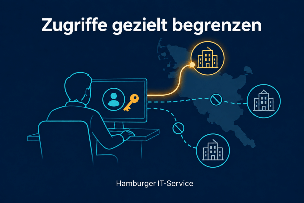 Ein Administrationsarbeitsplatz mit einem freigegebenen und zwei gesperrten Zugriffspfaden.