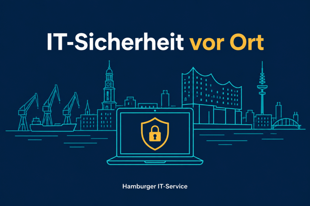 Laptop vor der Hamburger Skyline als Symbol für IT-Sicherheitsberatung vor Ort