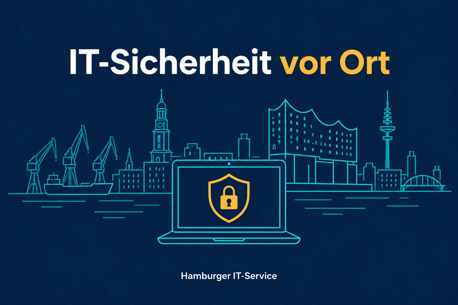 Laptop vor der Hamburger Skyline als Symbol für IT-Sicherheitsberatung vor Ort