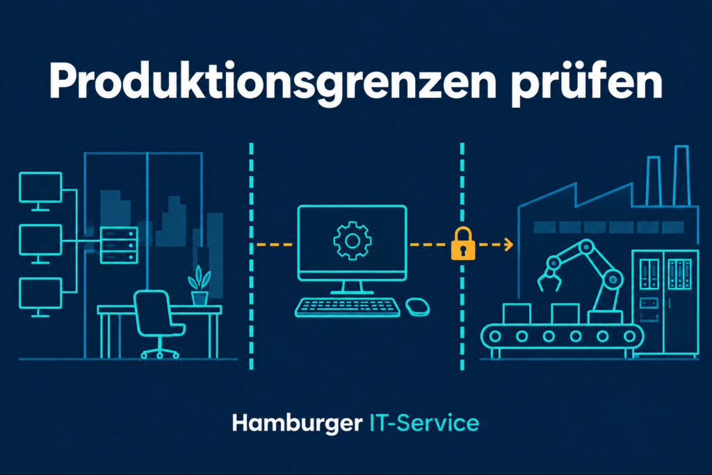 Ein Wartungsrechner liegt zwischen getrennt dargestellten Büro- und Produktionsbereichen.