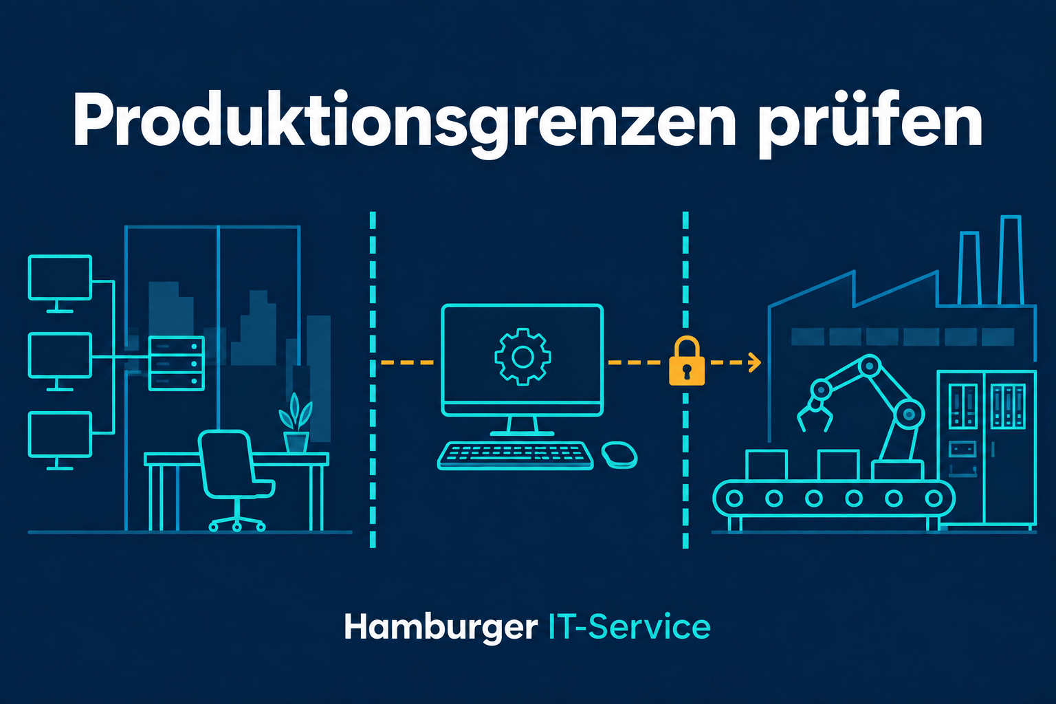 Ein Wartungsrechner liegt zwischen getrennt dargestellten Büro- und Produktionsbereichen.