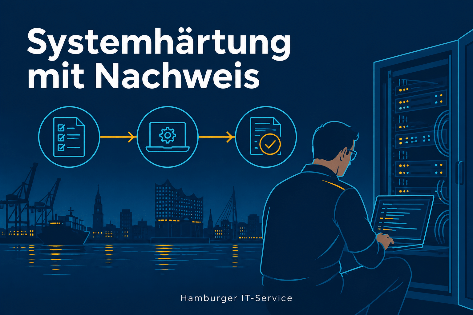 Technische Prüfung von Windows-Systemen vor der Hamburger Skyline