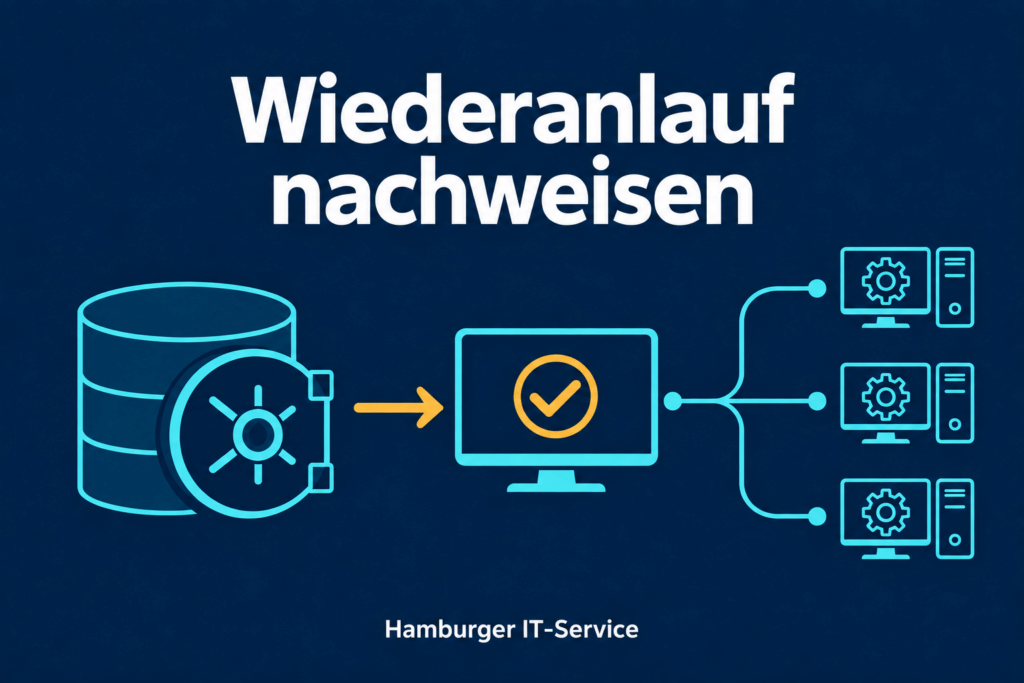 Ein Sicherungstresor führt über einen geprüften Testrechner zu mehreren Standortgeräten.