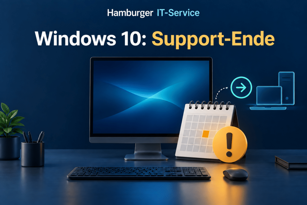 Computer mit Kalender und Hinweissymbol zum Windows-10-Supportende.
