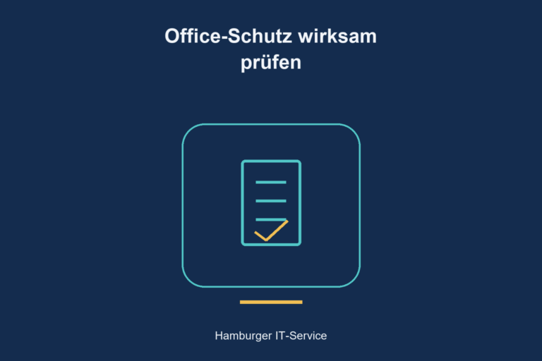 Office-Schutz wirksam prüfen: schematische Darstellung von Prüfung, Zugängen und Systemen