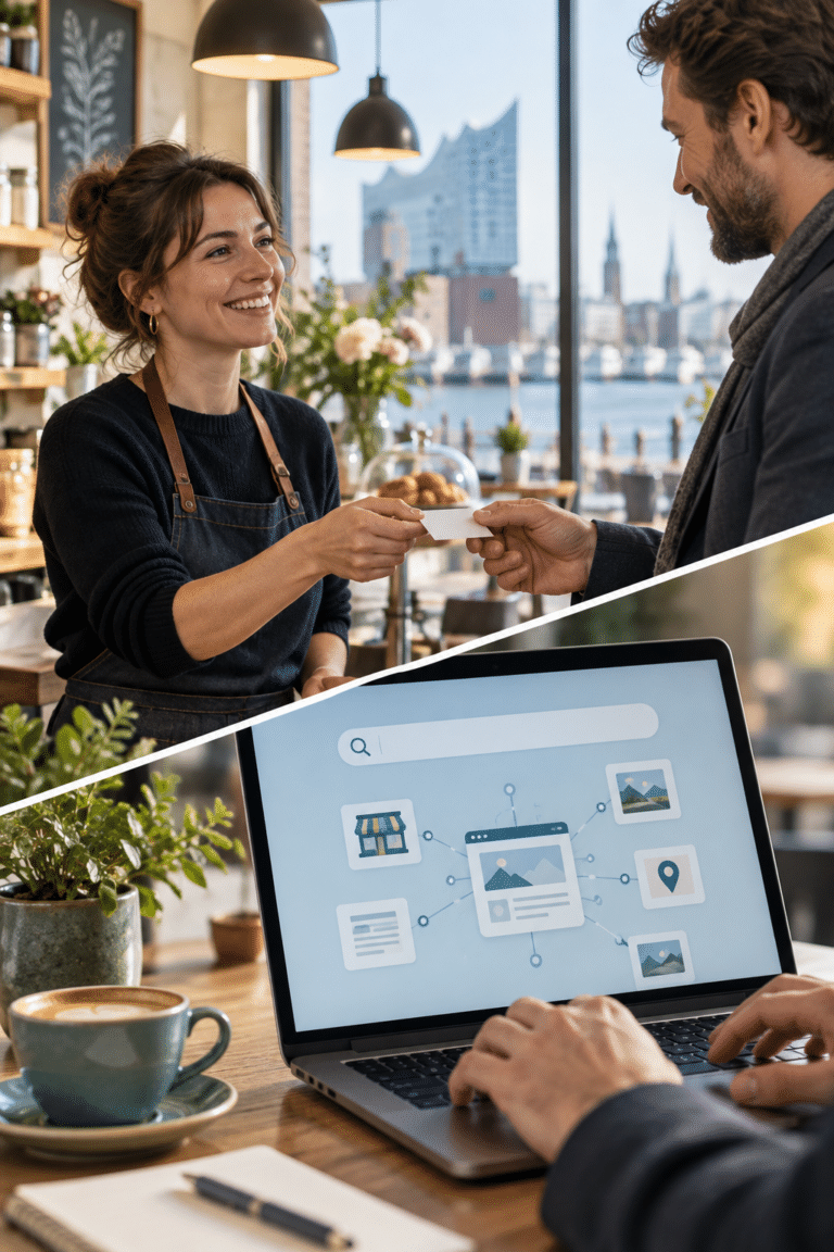 Unternehmer tauschen Kontakte aus; ein Laptop zeigt verknüpfte Webseiten.