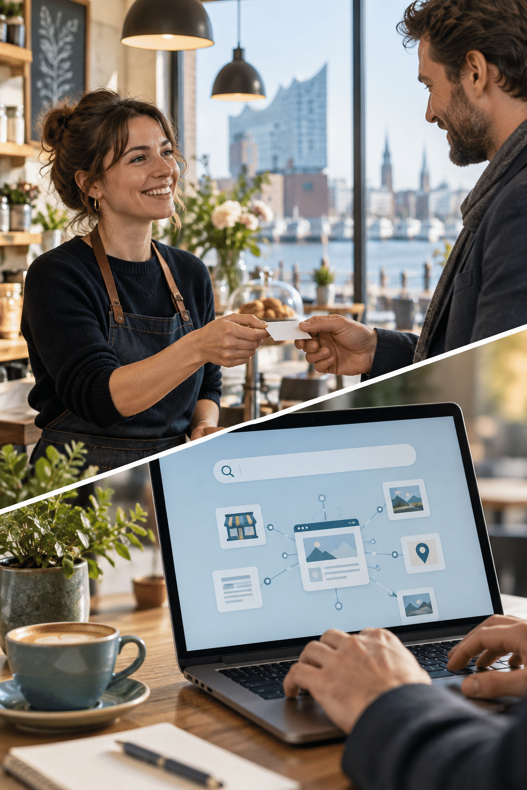 Unternehmer tauschen Kontakte aus; ein Laptop zeigt verknüpfte Webseiten.