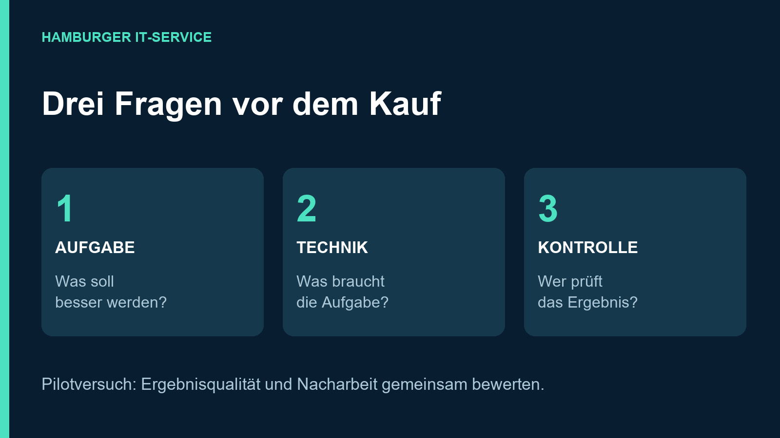 Drei Prüffragen: Welche Aufgabe, welche Technik und wer kontrolliert das Ergebnis?