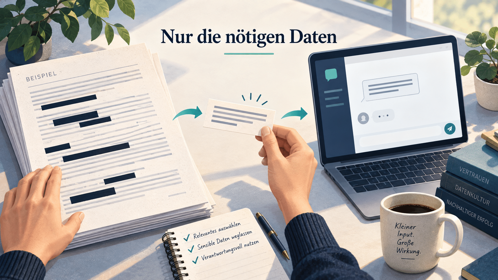 Beispielhafte Darstellung: Aus einem Dokument wird nur der benötigte Ausschnitt für einen Chat ausgewählt.