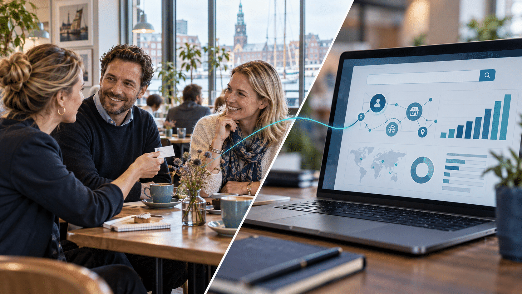 Geteiltes Motiv aus persönlichem Netzwerken und einer schematischen Website-Auswertung.