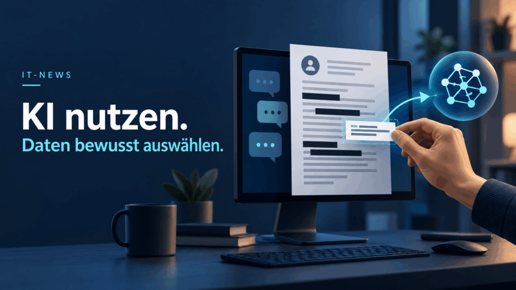 Illustration: Ein ausgewählter Textausschnitt wird an eine KI übergeben; unnötige Angaben bleiben verdeckt.