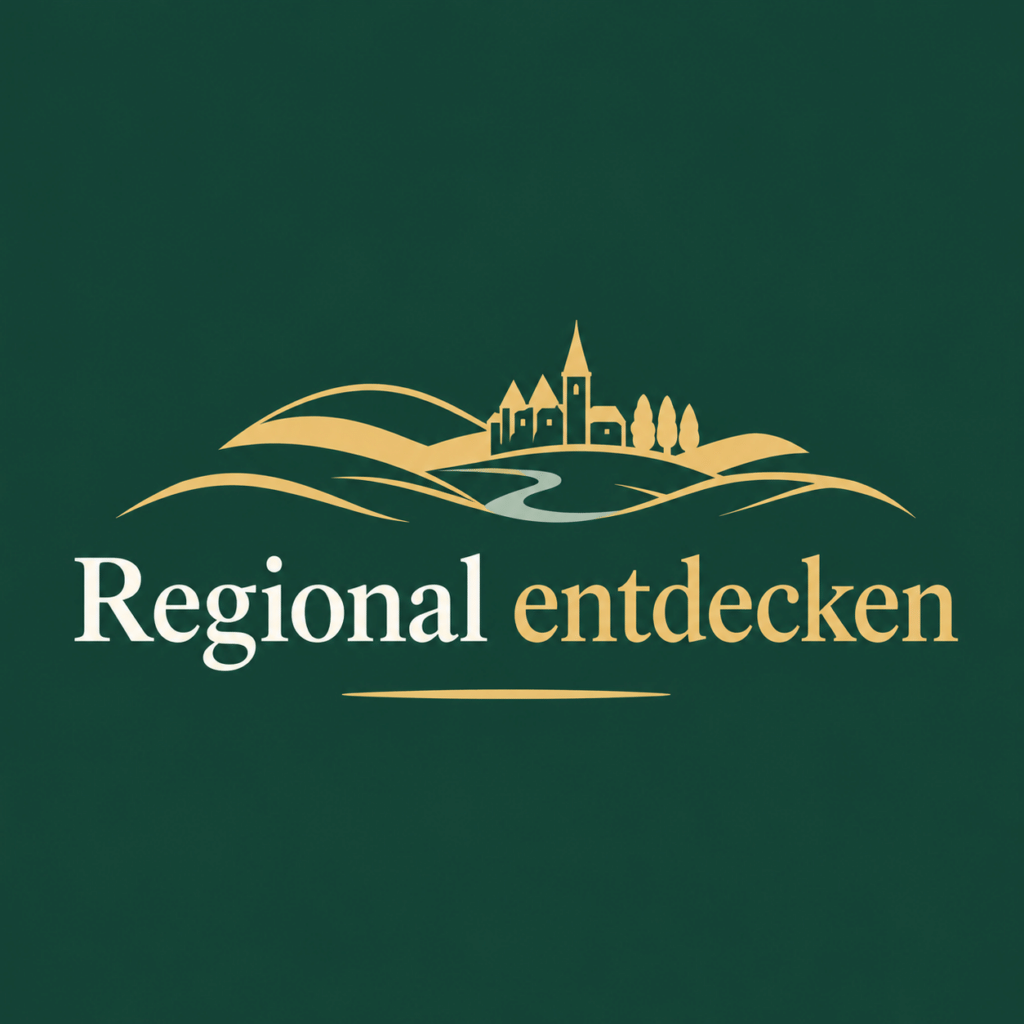 Regional entdecken – Stadtlogo mit Häusern, Landschaft und Fluss